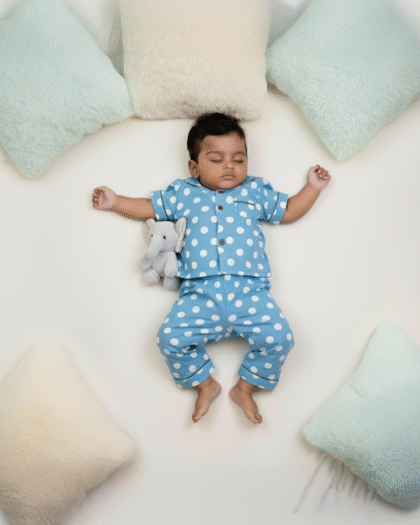 ☁️ MIAAME BULOO – Sky Blue Polka Baby Pajama Set