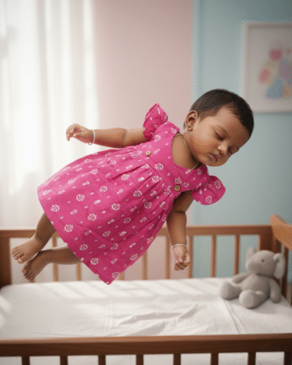 🌺 MIAAME BUBBLELU – Pink Leafy Blossom Baby Frock