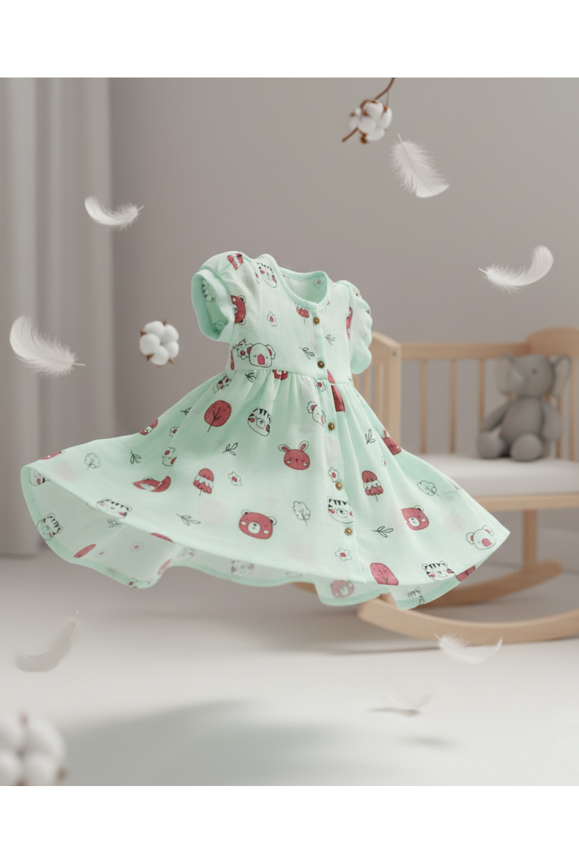 🐻 MIAAME BUBBLELU – Forest Friends Puff-Sleeve Baby Frock