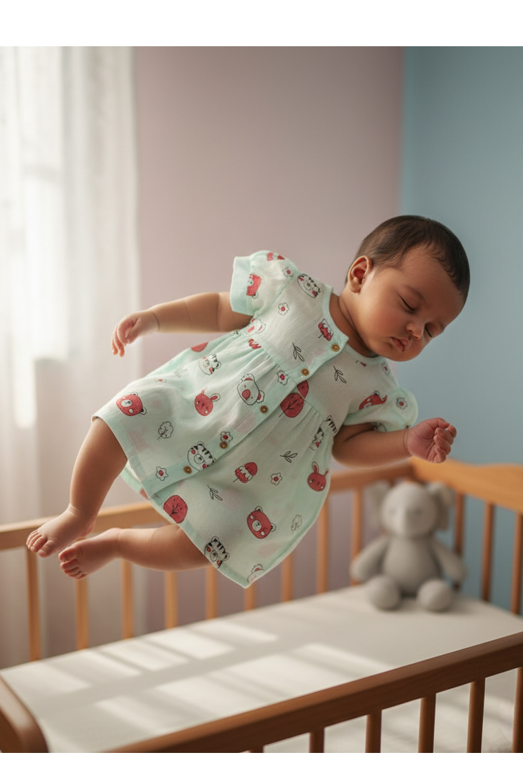 🐻 MIAAME BUBBLELU – Forest Friends Puff-Sleeve Baby Frock - Image 2