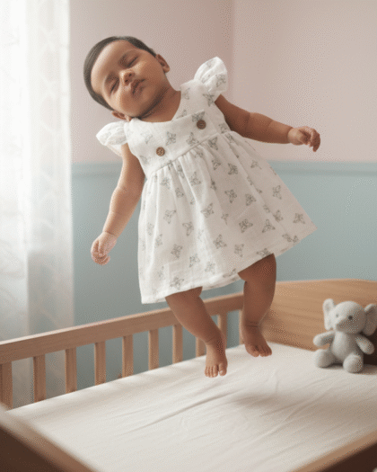 🚼 MIAAME BUBBLELU – Soft Flutter White Butterfly Muslin Baby Frock