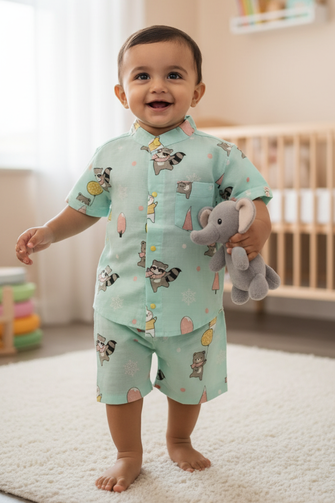 🐾 MIAAME BUBBLELU – Mint Raccoon Explorer Co-ord Set