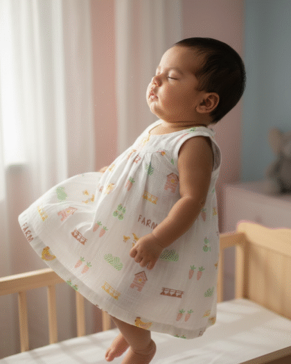 🌾 MIAAME BUBBLELU – White Farm Day Baby Frock