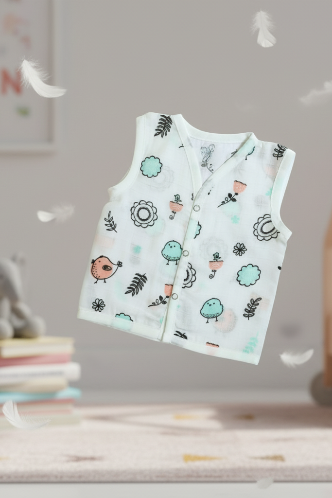 🐦 MIAAME BUBBLELU – Chirpy Garden Newborn V-Neck Cotton Jabla - Image 2