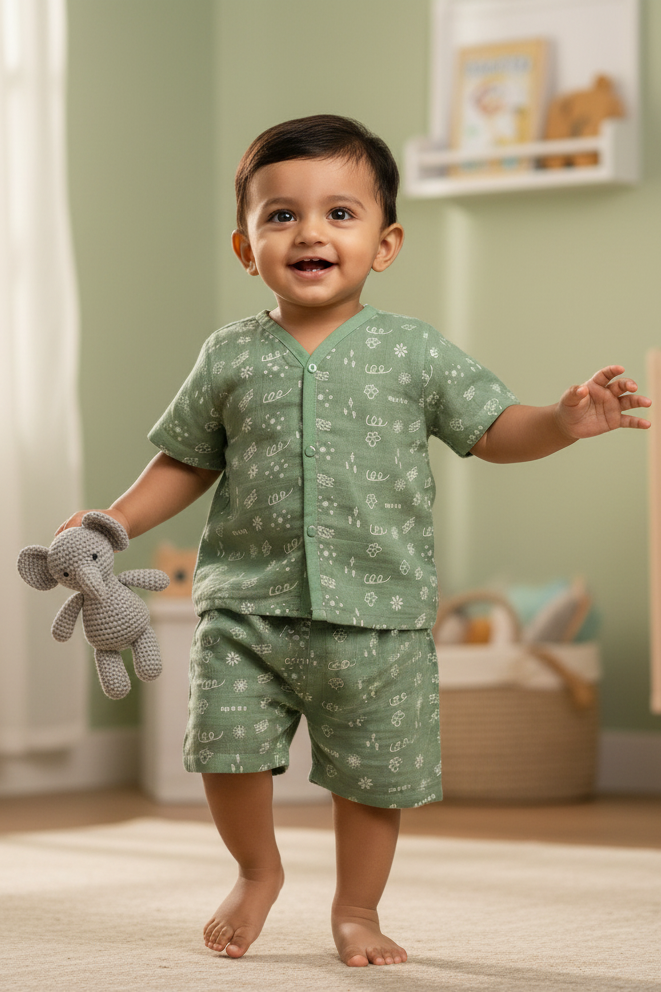 🌿 MIAAME BUBBLELU – Sage Doodle V-Neck Co-ord Set